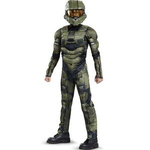 NEW Halo Master Chief Halloween Costume Boys Small 4-6 Green Mask Muscles